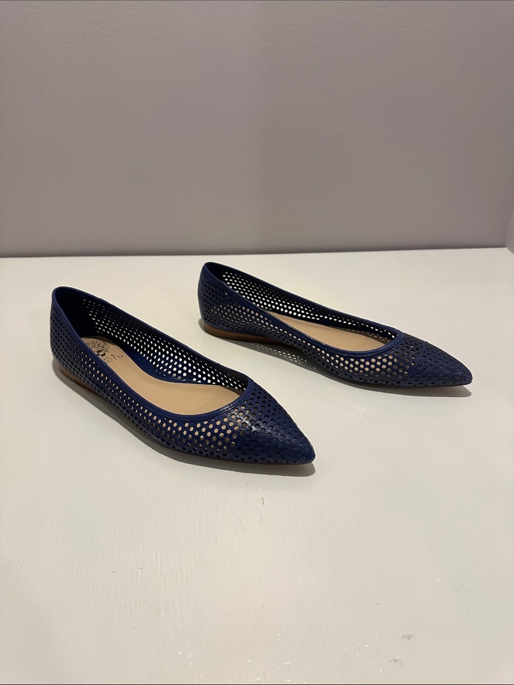 Vince Camuto Navy Pointed Perforated Ballet Flats